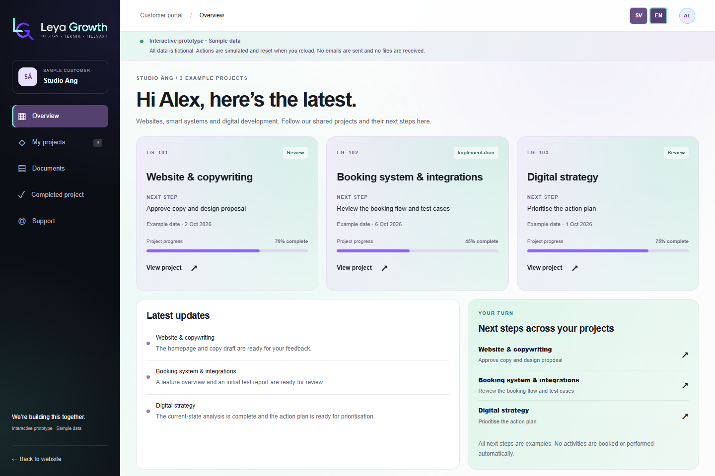 Customer portal preview with a black sidebar, project overview and purple and mint accents